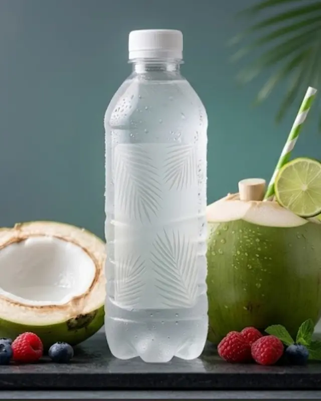 Botella de agua de coco junto a cocos frescos