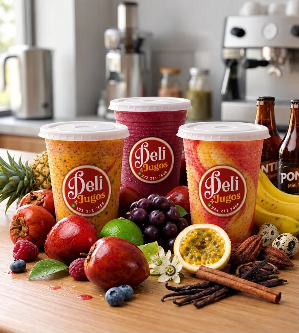 Tres jugos exóticos de Deli Jugos rodeados de frutas tropicales, canela y huevos de codorniz